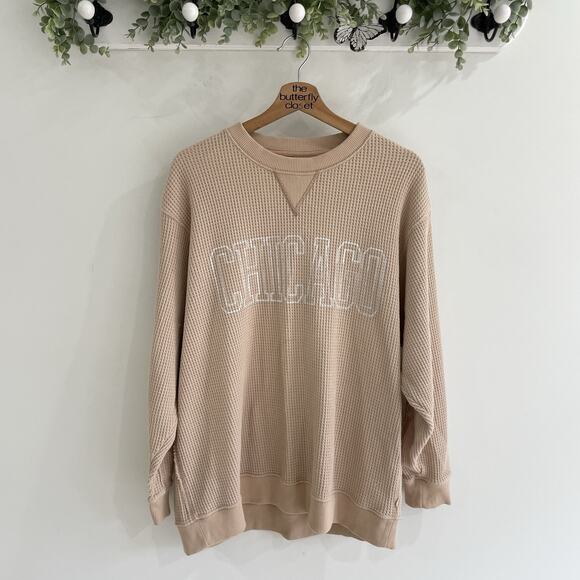 aerie Tops - Aerie Tan Beige Waffle Knit Chicago Graphic Baggy Crewneck Sweatshirt Size M